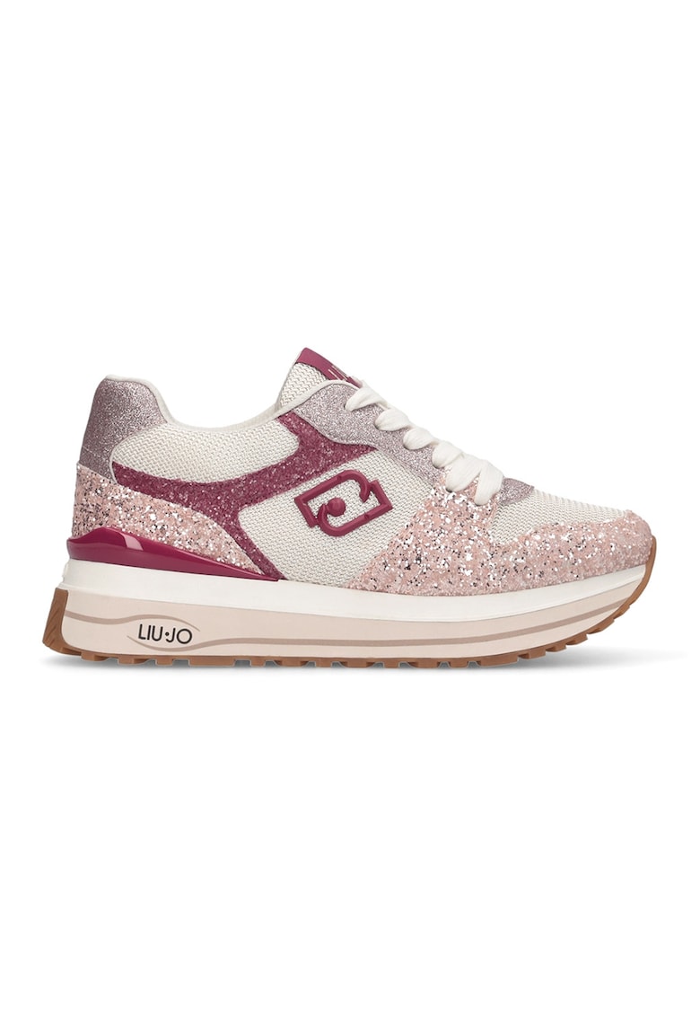 Pantofi sport cu talpa wedge si insertii stralucitoare - Alb fildes/Fucsia