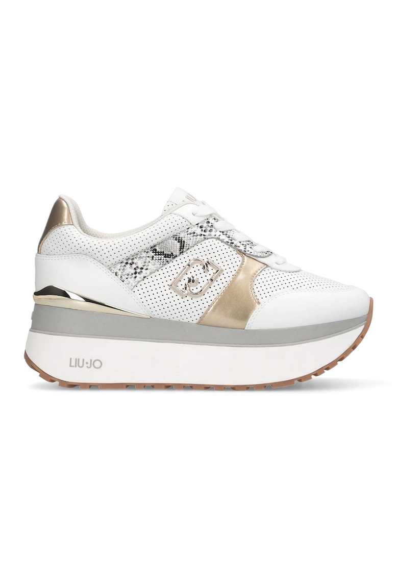 Pantofi sport din piele si piele ecologica cu talpa flatform si garnituri cu aspect metalizat - Alb/Auriu