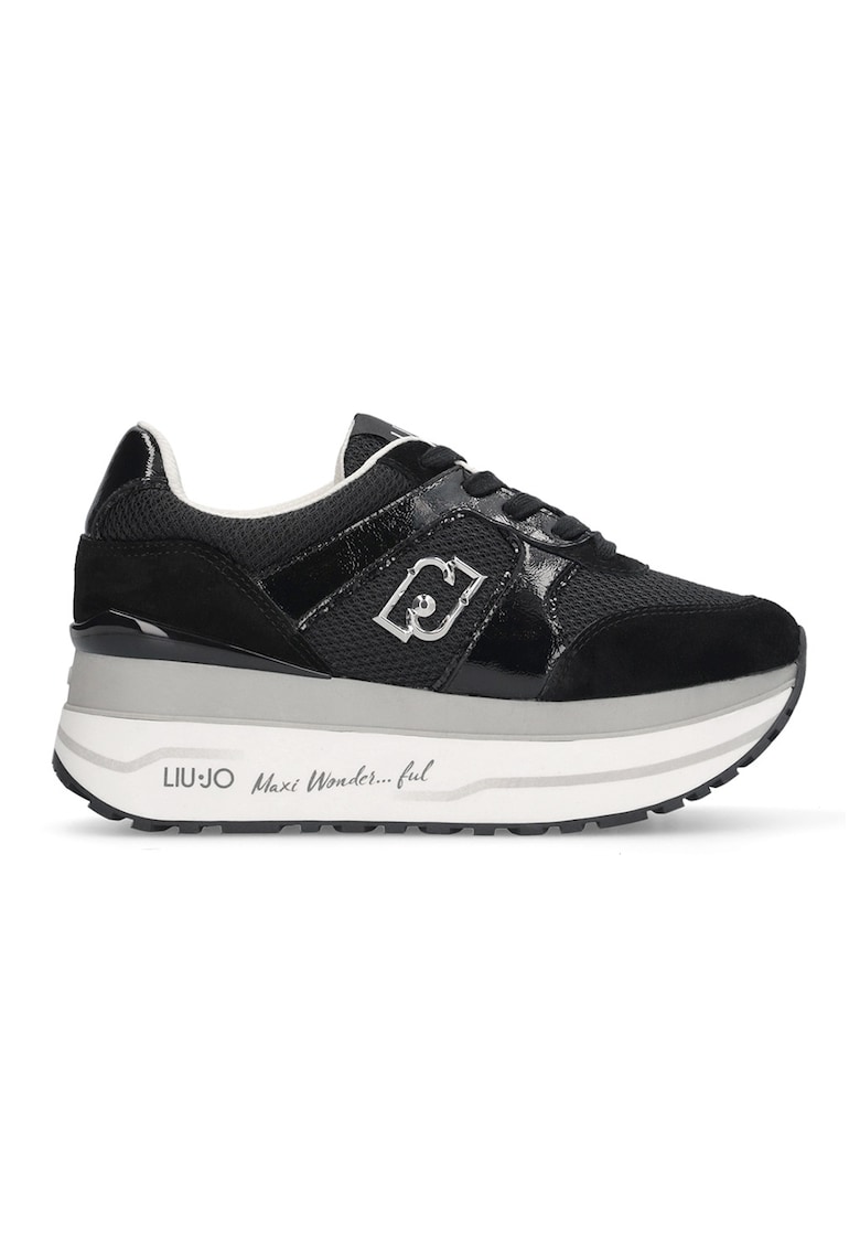 Pantofi sport din plasa cu talpa flatform si garnituri din piele intoarsa - Negru