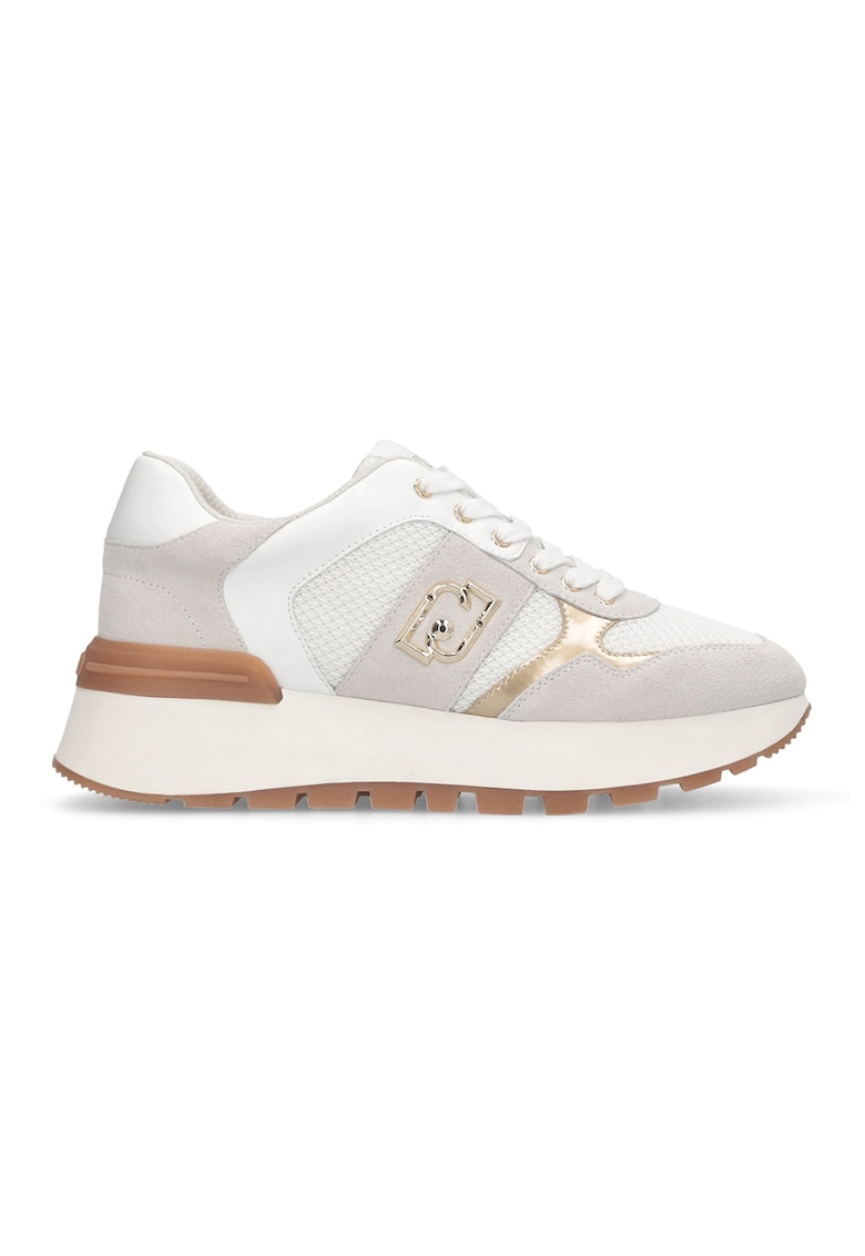 Pantofi sport cu talpa wedge si aplicatie logo - Alb/Auriu