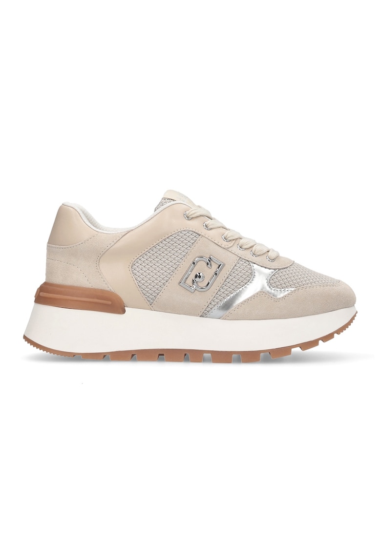 Pantofi sport cu talpa wedge si aplicatie logo - Argintiu/Bej deschis