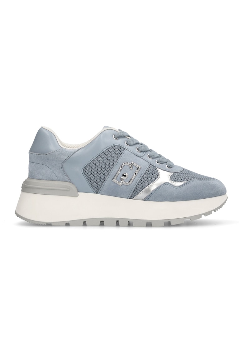 Pantofi sport cu talpa wedge si aplicatie logo - Albastru prafuit/Argintiu