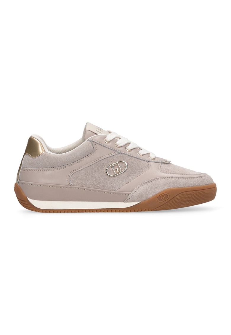 Pantofi sport din piele intoarsa cu talpa plata si insertii din piele ecologica - Maro taupe deschis