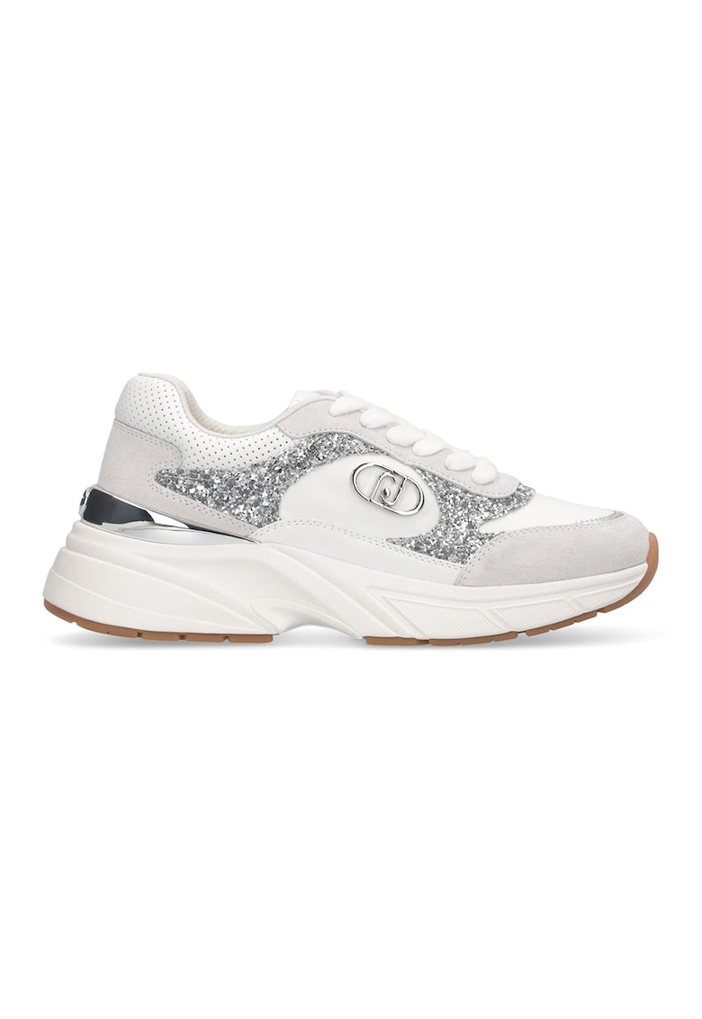 Pantofi sport cu talpa demi-wedge si garnituri din piele intoarsa - Alb/Argintiu
