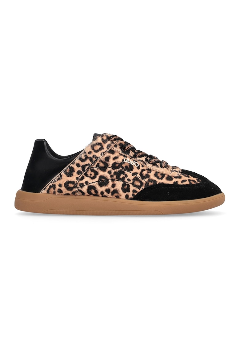 Pantofi sport din piele ecologica si piele intoarsa cu model animal print - Negru/Bej deschis