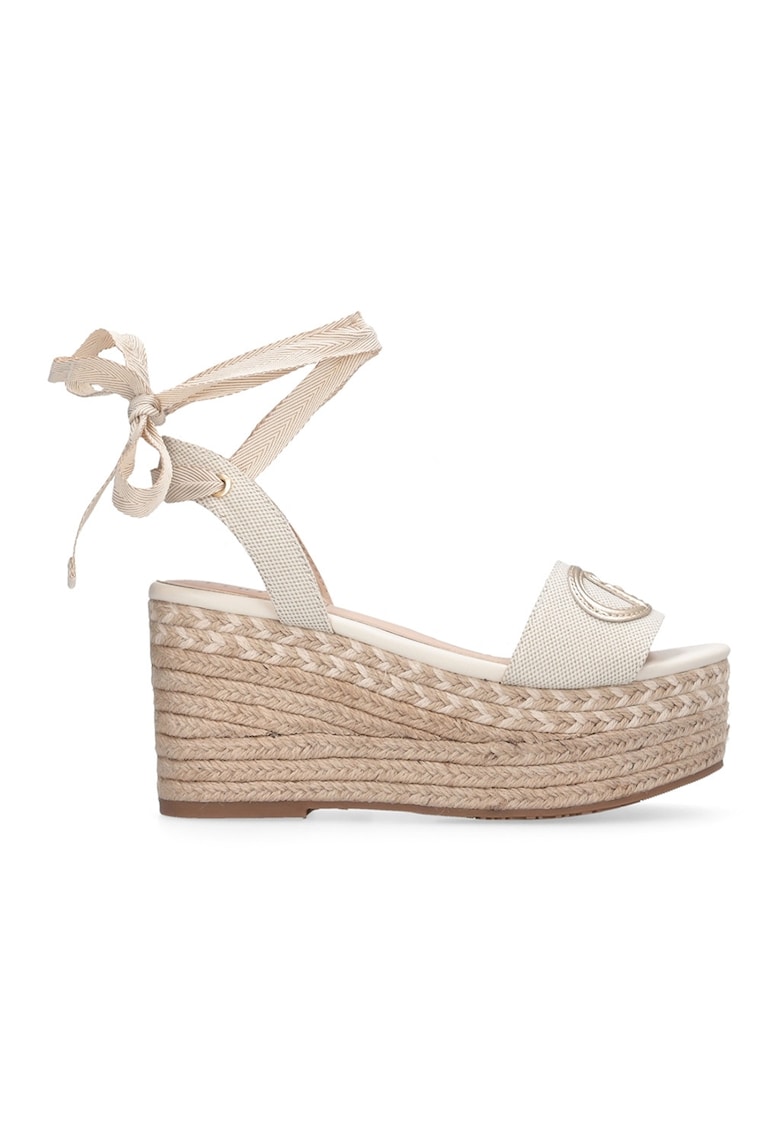 Sandale-espadrile din material textil cu inchidere cu funda din panglici - Bej deschis
