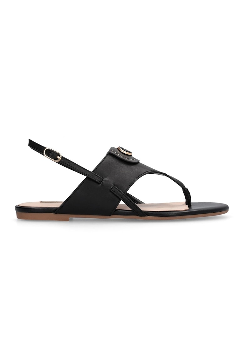 Sandale de piele cu bareta in T si aplicatie monograma metalica - Negru/Bej deschis