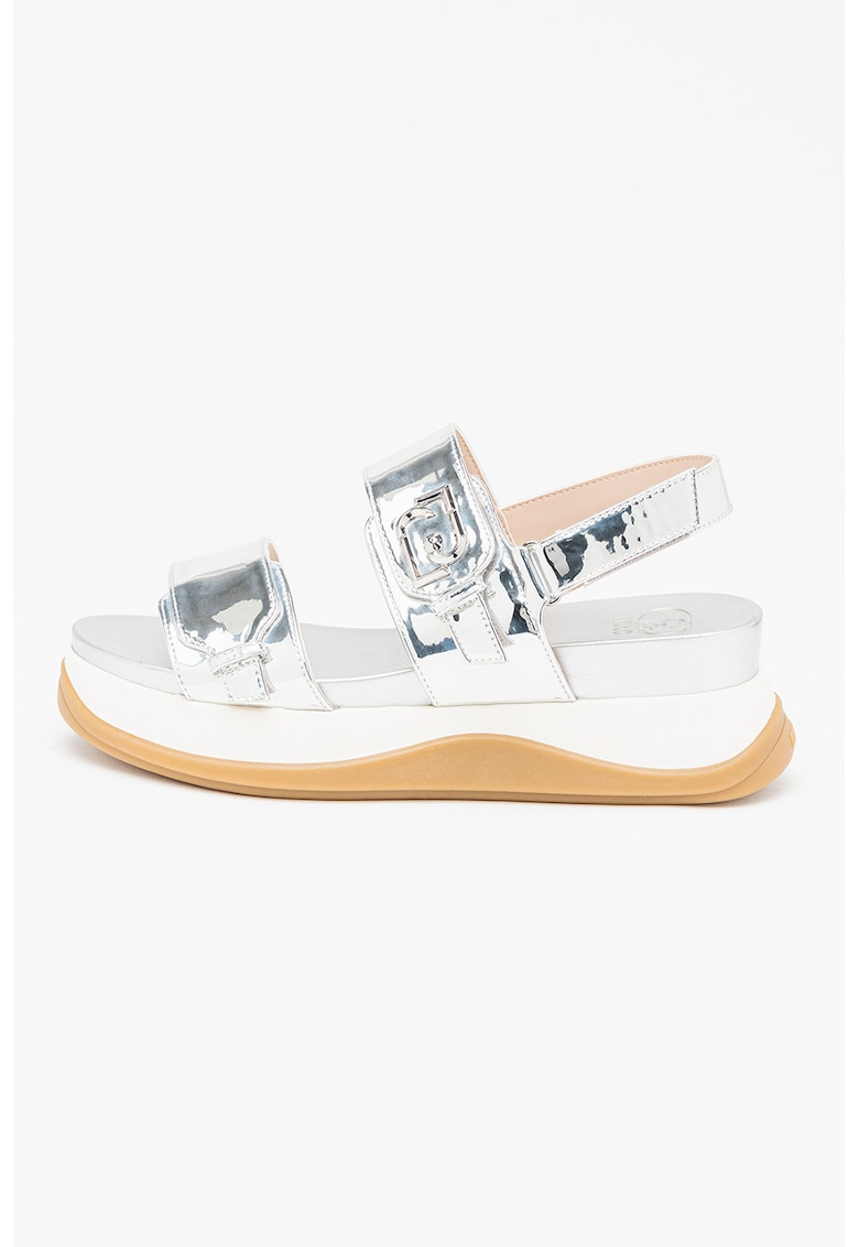 Sandale flatform cu aspect metalizat si velcro - Gri deschis/Caramel/Argintiu