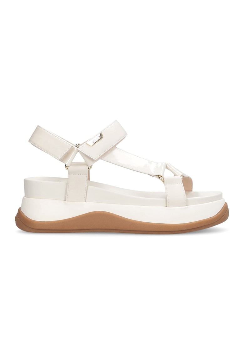 Sandale wedge de piele ecologica - Caramel/Alb murdar