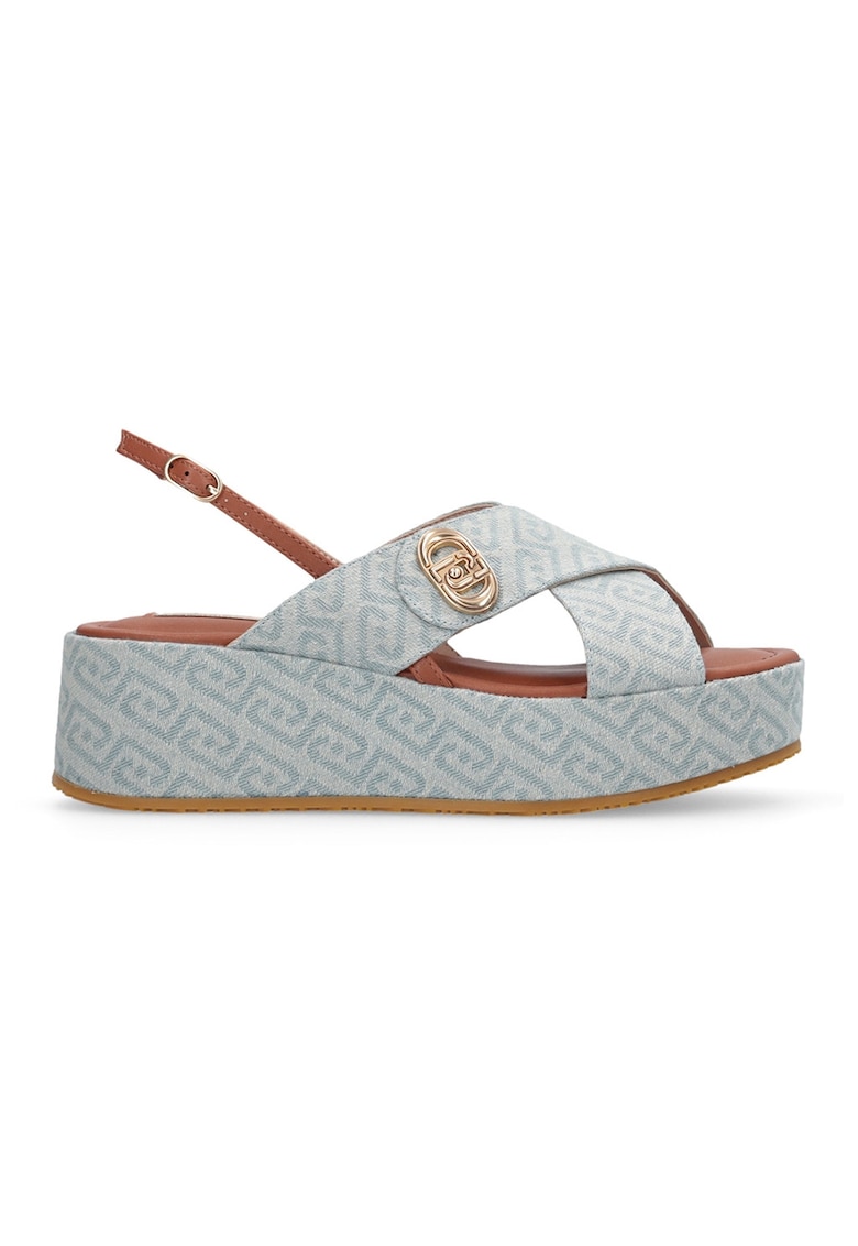 Sandale wedge cu model - Albastru prafuit/Caramel