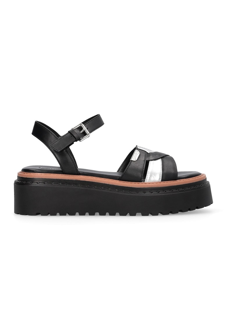 Sandale wedge de piele Bessie 01 - Negru/Caramel/Argintiu