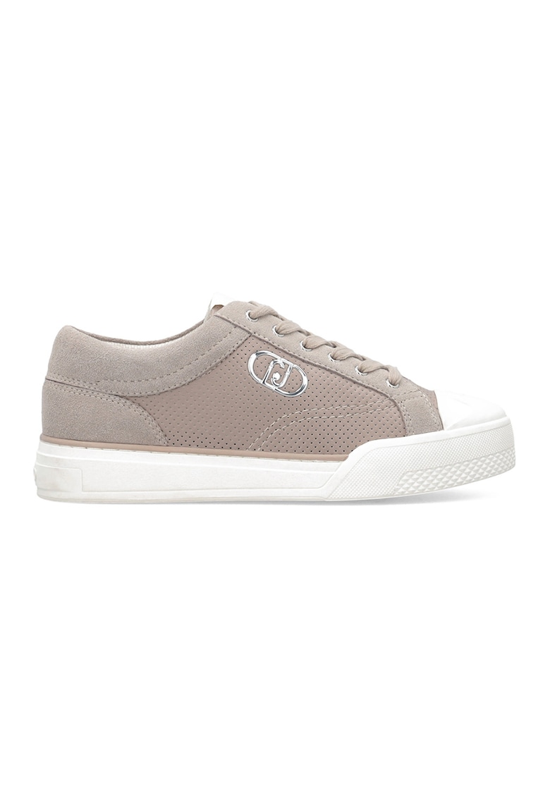 Pantofi sport din piele intoarsa si piele ecologica cu logo metalic - Maro taupe deschis/Alb murdar