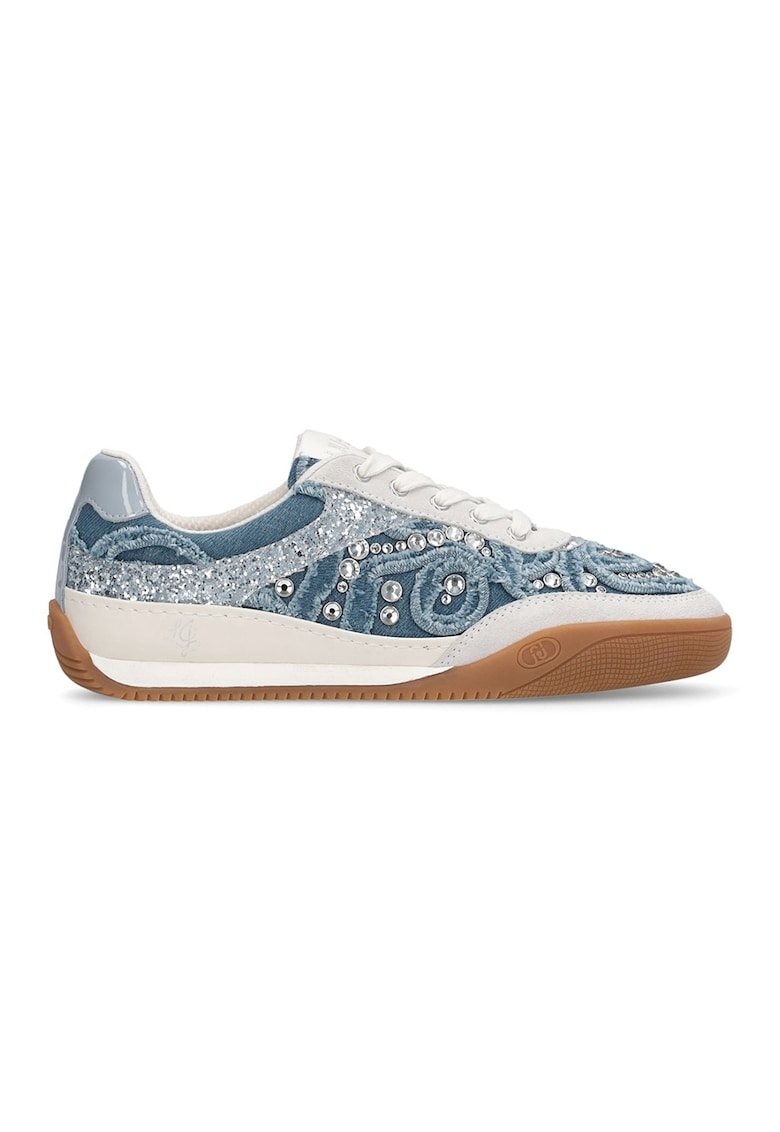 Pantofi sport de denim cu garnituri de piele si cristale - Albastru inchis/Caramel/Alb murdar