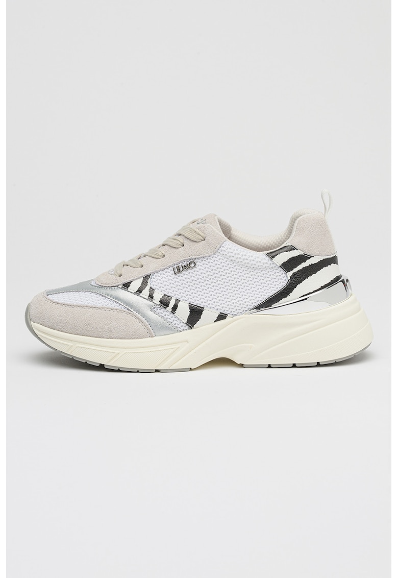 Pantofi sport de plasa si piele ecologica cu detalii animal print - Alb murdar/Argintiu/Bej deschis