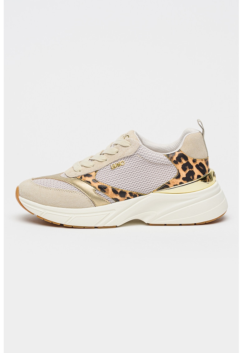 Pantofi sport de plasa si piele ecologica cu detalii animal print - Auriu/Bej/Caramel
