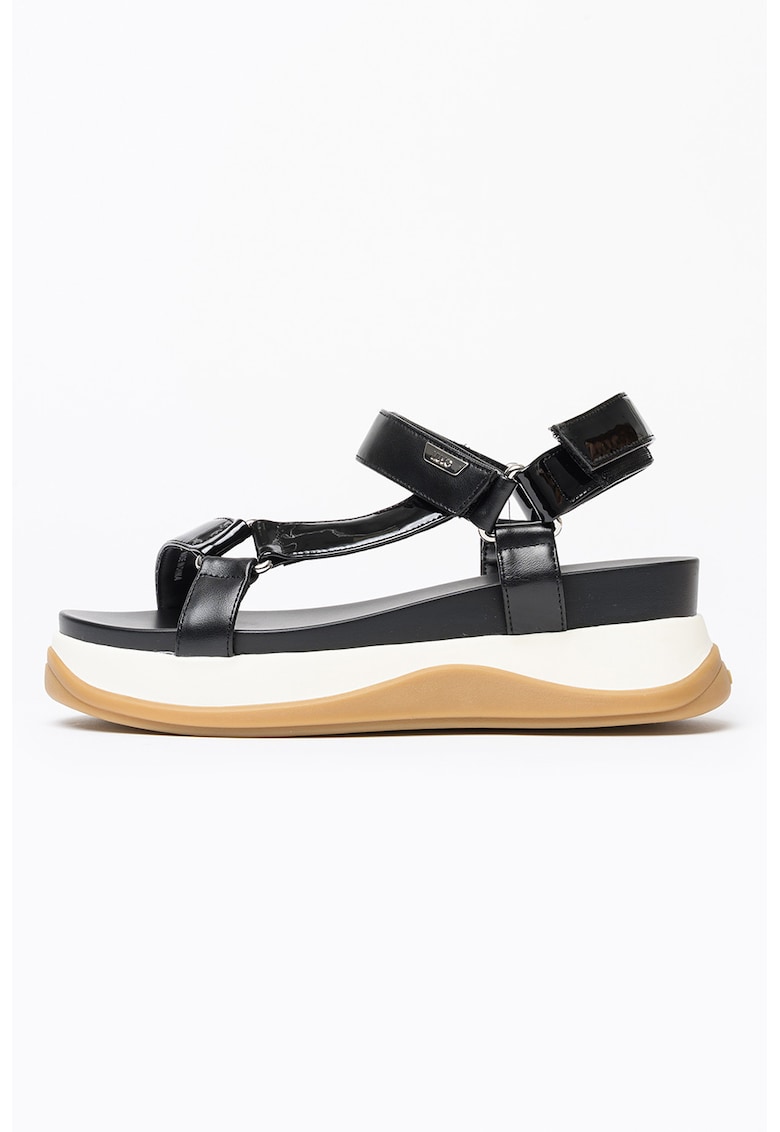 Sandale wedge de piele ecologica - Negru/Caramel/Alb murdar