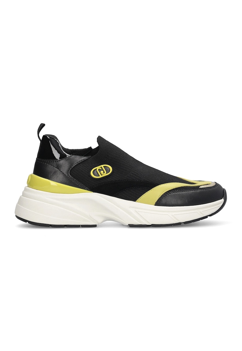 Pantofi sport demiwedge de piele si material textil - Negru/Galben pal/Alb murdar