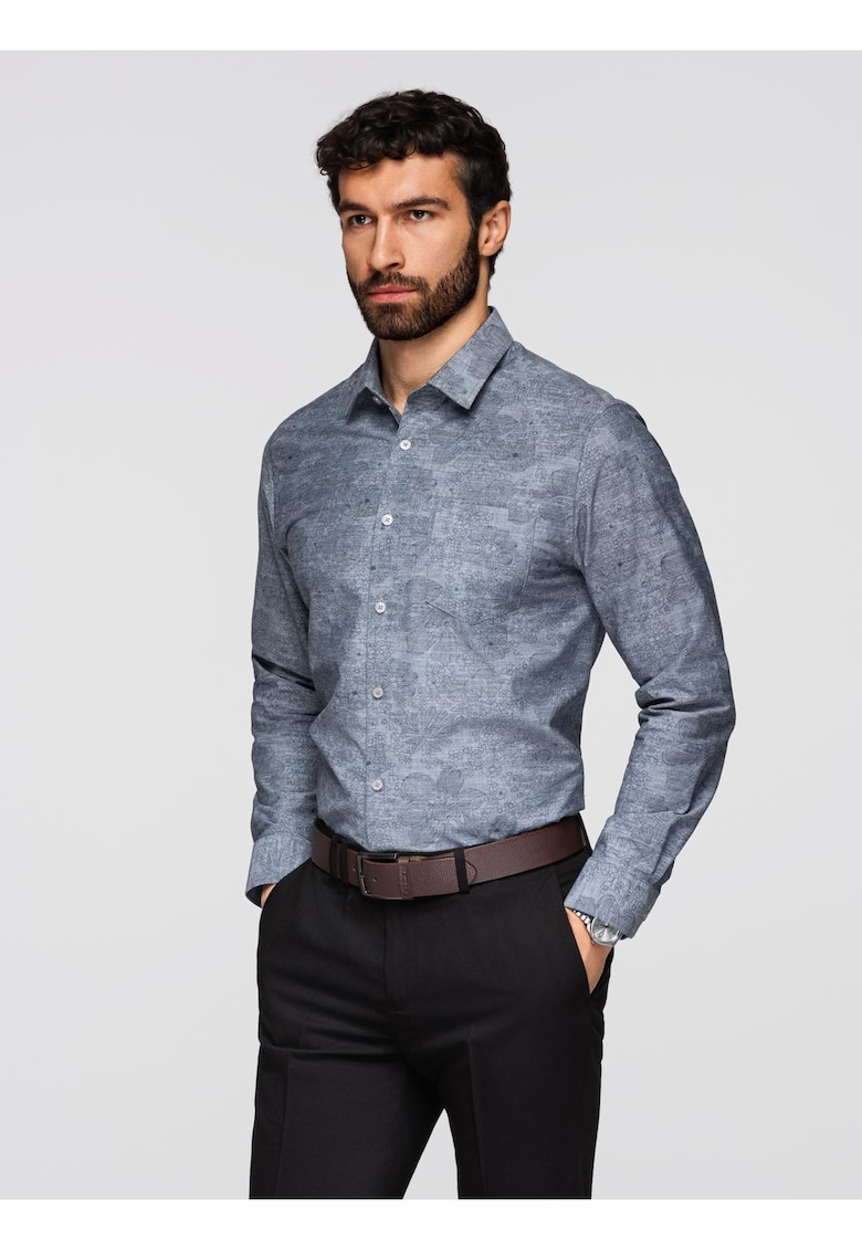 Camasa clasica din flanela de bumbac cu model floral K701 - Gri deschis