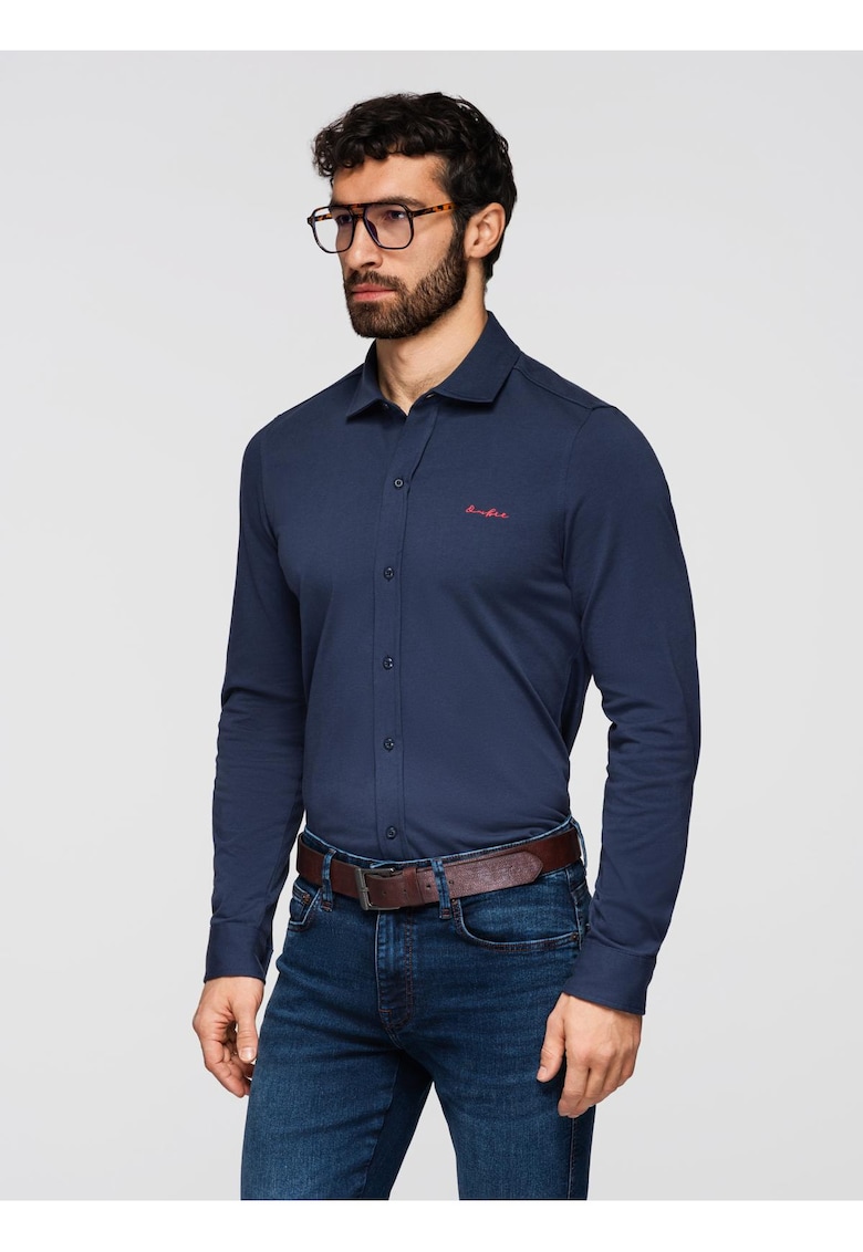 Camasa din bumbac REGULAR cu broderie contrastanta K697 - Albastru inchis