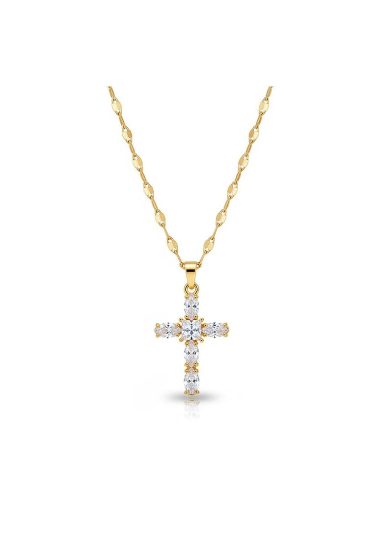 Colier auriu - din otel inoxidabil - suflat cu aur 18k - cu pandantiv cruciulita si pietre din zirconiu - Siri C4