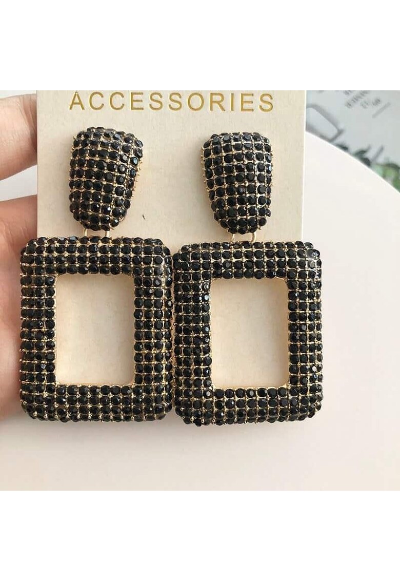 Cercei dreptunghiulari - aurii - cu pietre negre - Christell C5