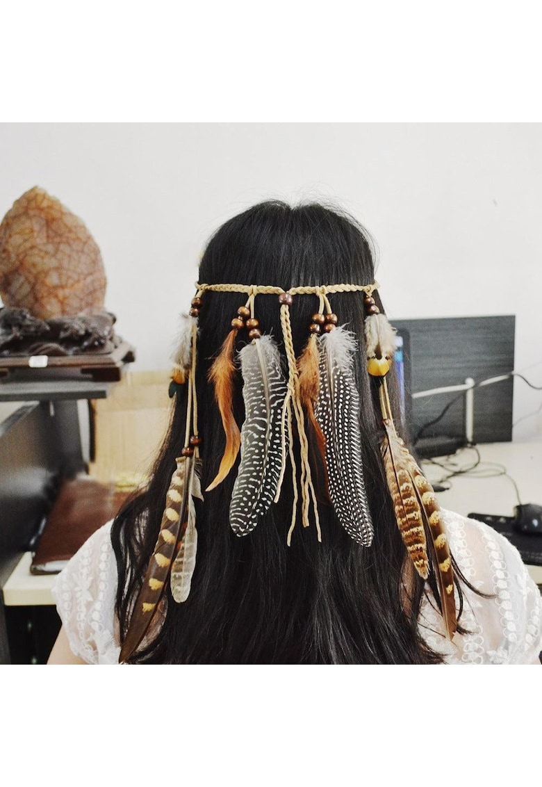 Accesoriu de cap - maro - cu pene - stil hippie - Alvira C7