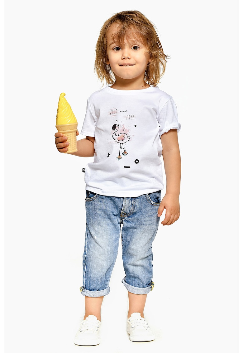 Tricou cu decolteu la baza gatului si imprimeu grafic - Alb/Negru/Roz deschis