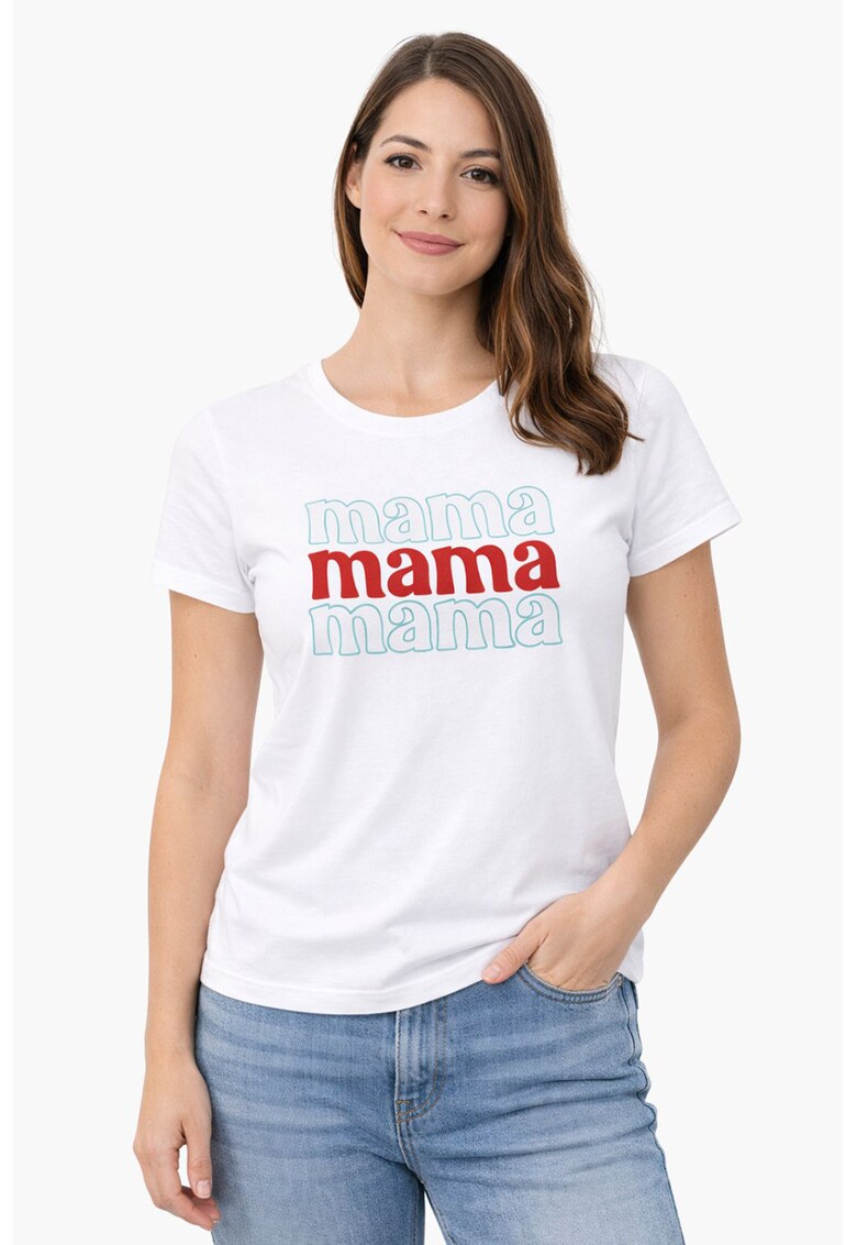 Tricou din bumbac cu imprimeu text - Alb/Turcoaz/Rosu inchis