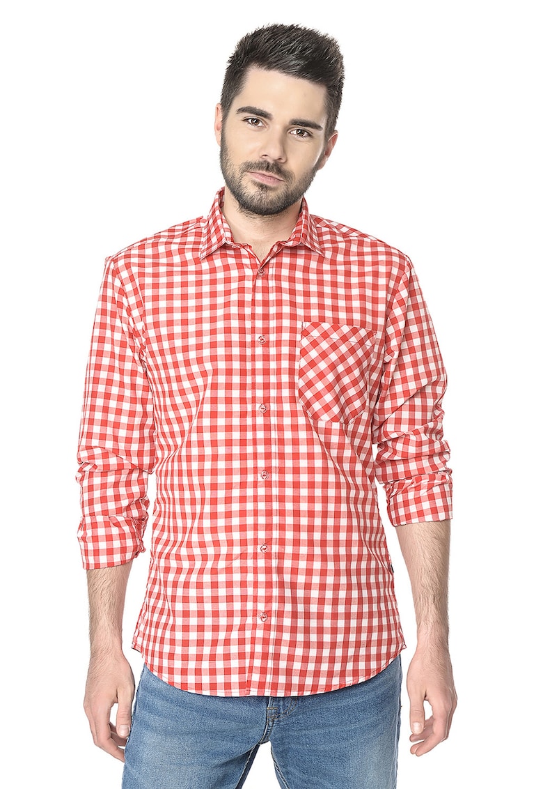 Camasa din amestec de bumbac cu model in carouri - Alb/Rosu corai