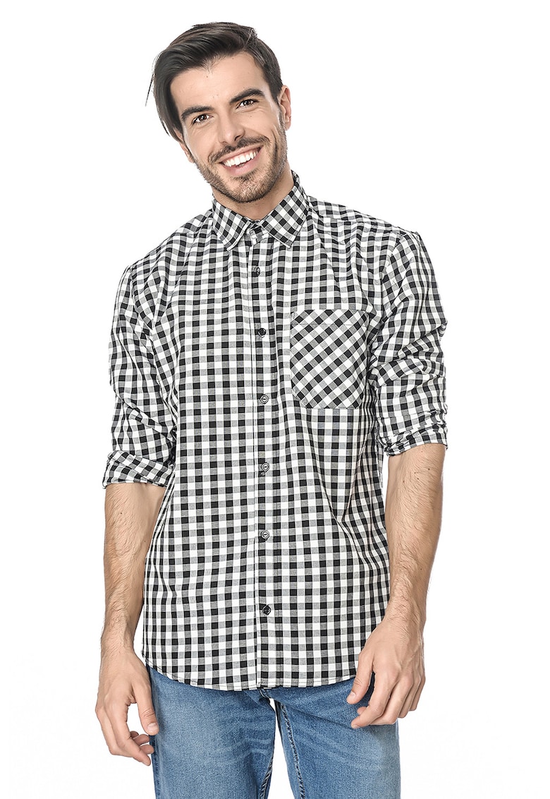 Camasa cu model in carouri si buzunar pe piept - Alb/Negru
