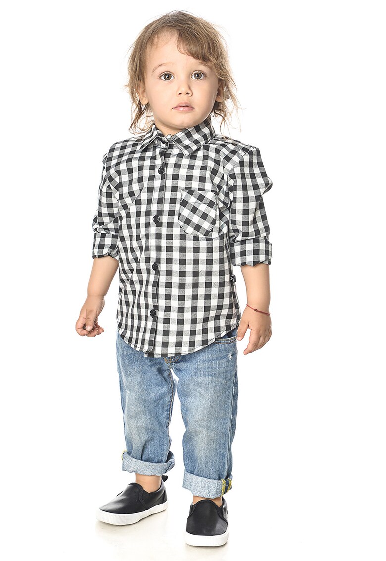 Camasa cu model in carouri si buzunar pe piept - Alb/Negru