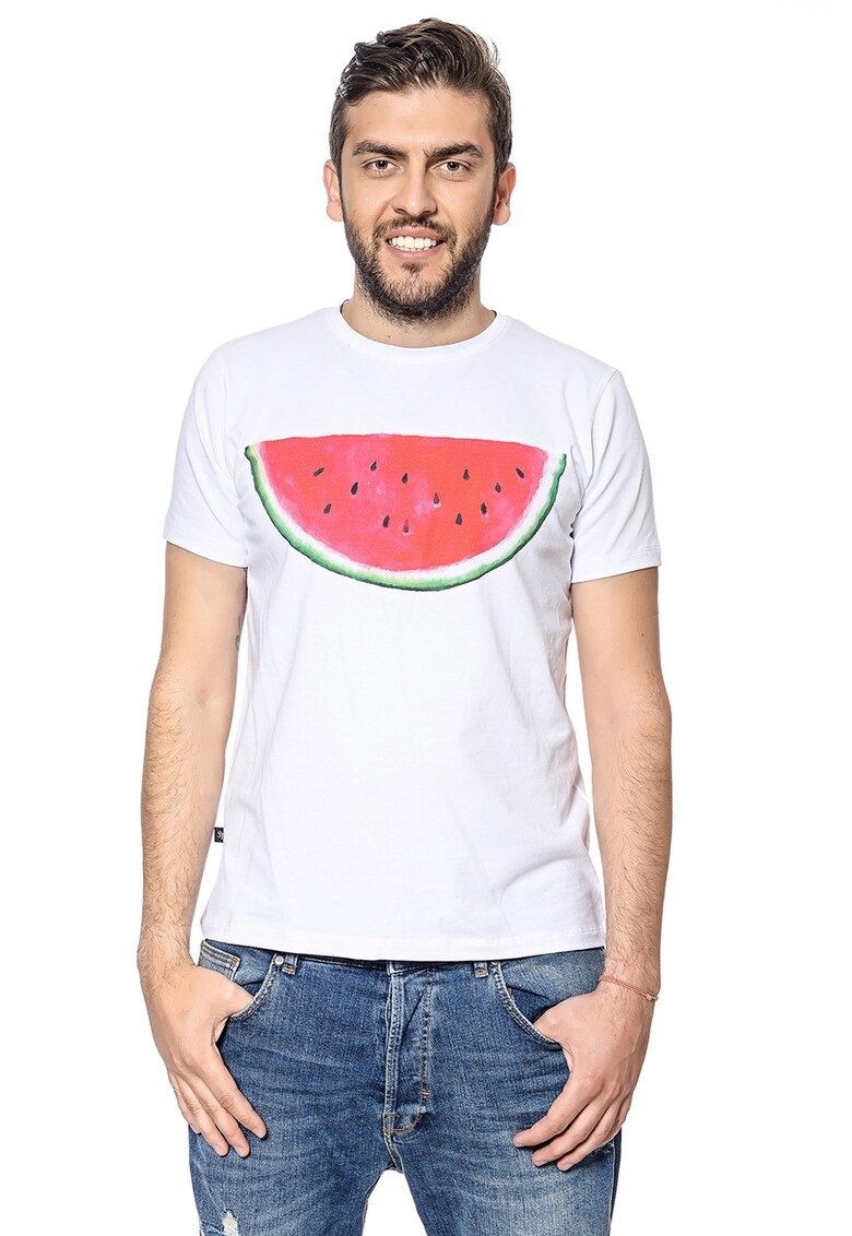 Tricou din bumbac cu imprimeu - Alb optic/Rosu corai