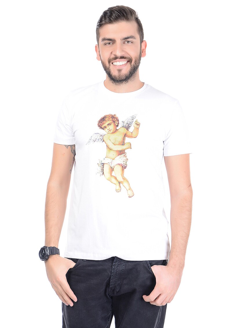 Tricou cu decolteu la baza gatului si imprimeu grafic - Bej inchis/Alb optic