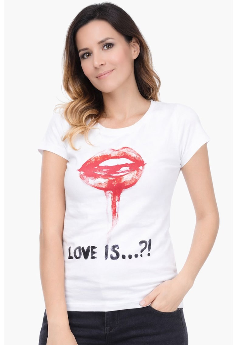 Tricou regular fit din bumbac cu decolteu la baza gatului - Alb/Coral