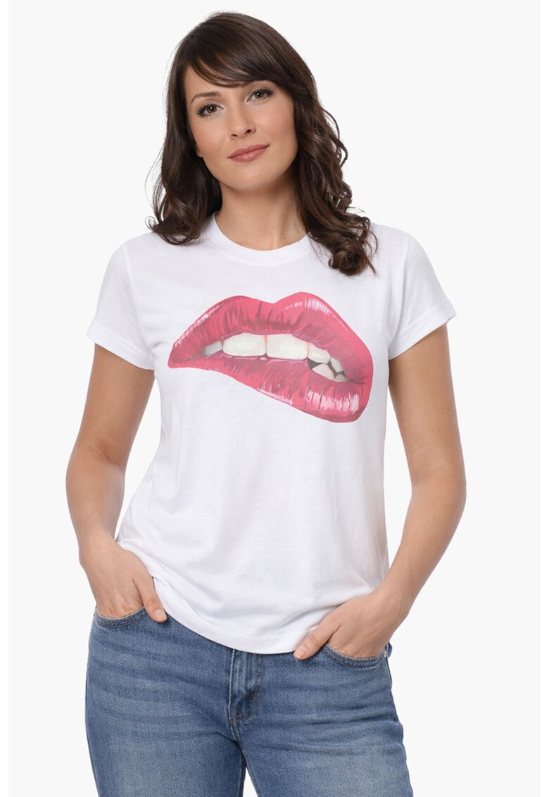 Tricou cu decolteu la baza gatului si model grafic - Alb/Fucsia