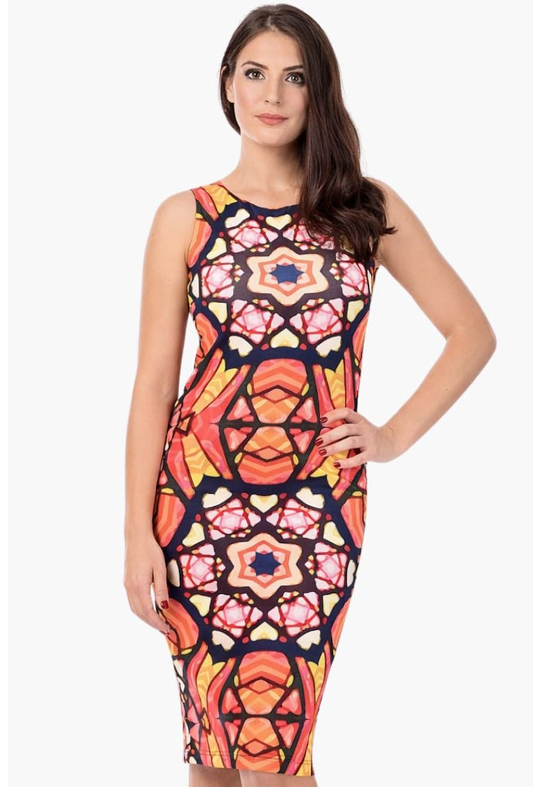 Rochie midi cu model geometric - Galben sofran/Rosu corai/Bleumarin