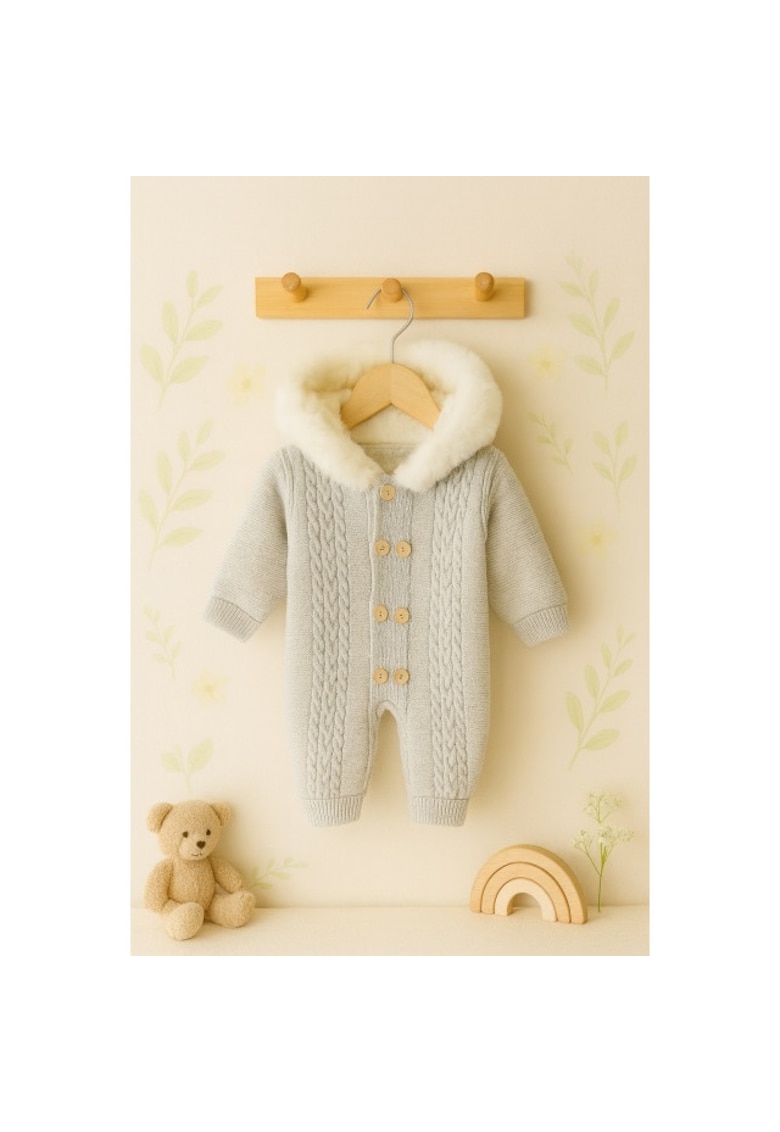 Salopeta groasa gri pentru bebelusi – Tricotata - cu gluga pufoasa si nasturi - Acryl - 3-6 luni