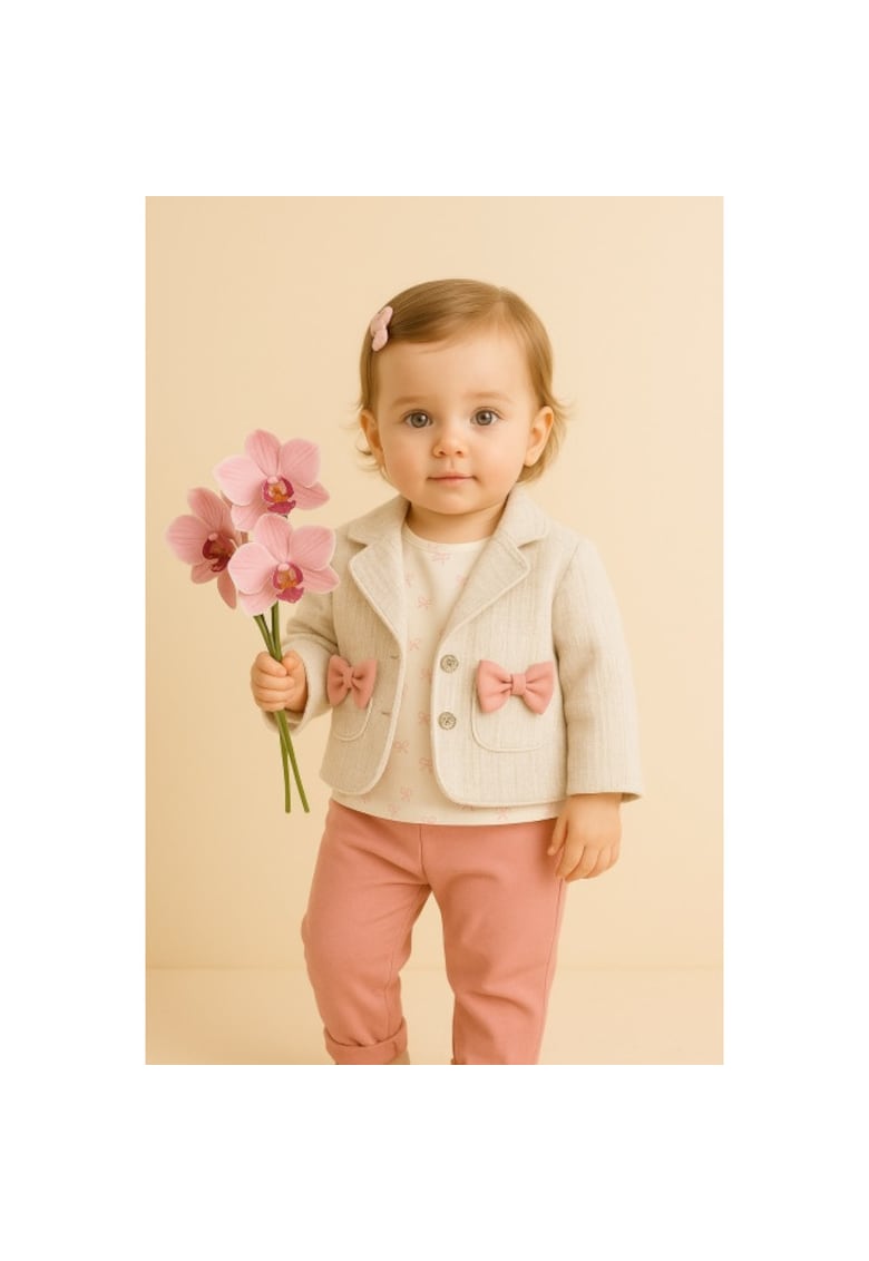 Costumas elegant fetita cu sacou crem - pantaloni roz si bluzita - Confort si stil