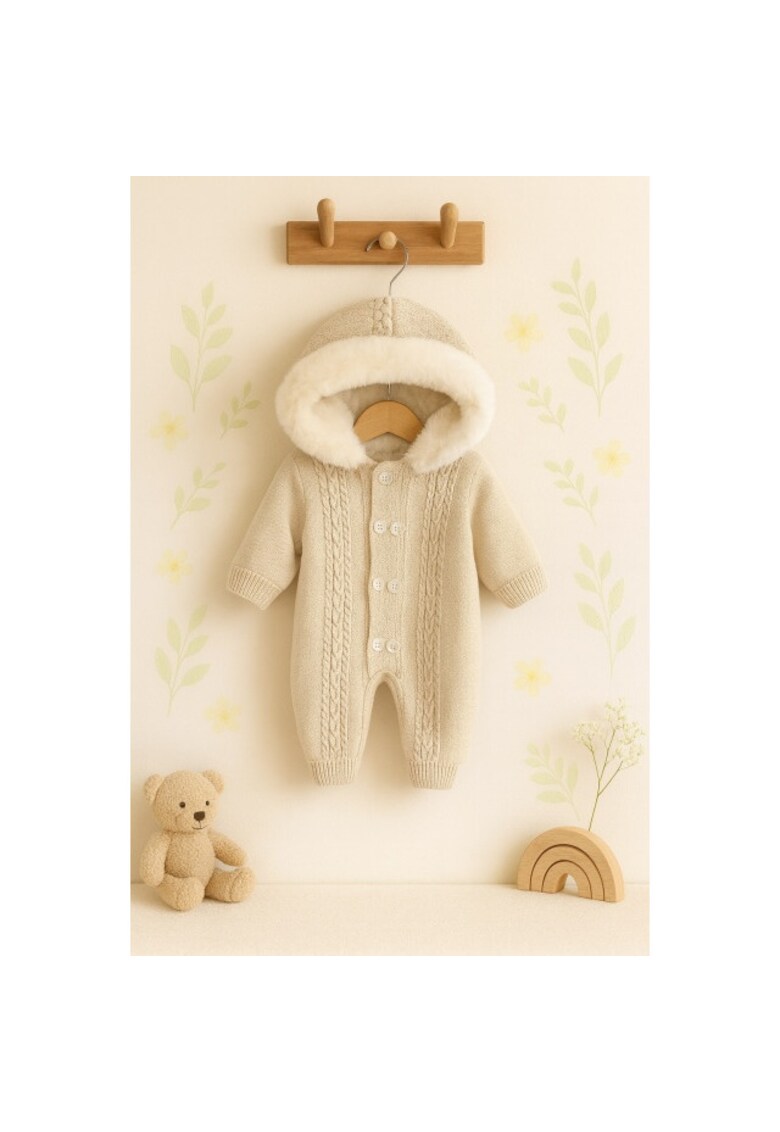 Salopeta groasa crem pentru bebelusi – Tricotata - cu gluga pufoasa si nasturi - 3-6 luni - Crem - Unisex