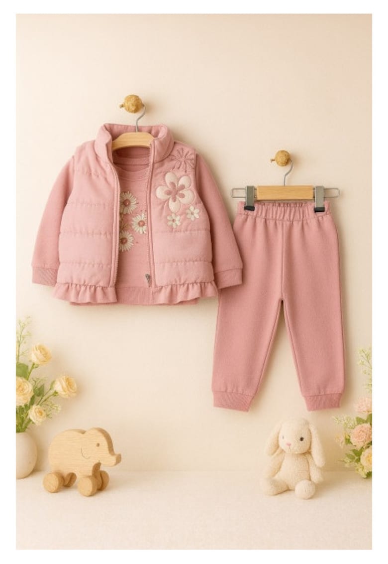 Costumas fetita 3 piese roz pudra – Vesta matlasata - Bluza cu flori si Pantaloni confortabili