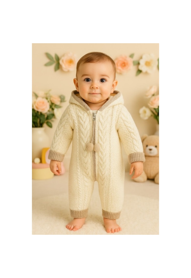 Salopeta ivoire tricotata groasa cu gluga pentru bebelusi – model iarna