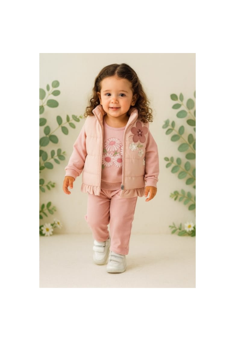 Costumas fetita 3 piese roz – Vesta matlasata - Bluza cu flori si Pantaloni confortabili