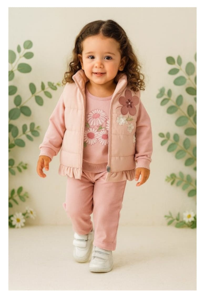 Costumas fetita 3 piese roz – Vesta matlasata - Bluza cu flori si Pantaloni confortabili