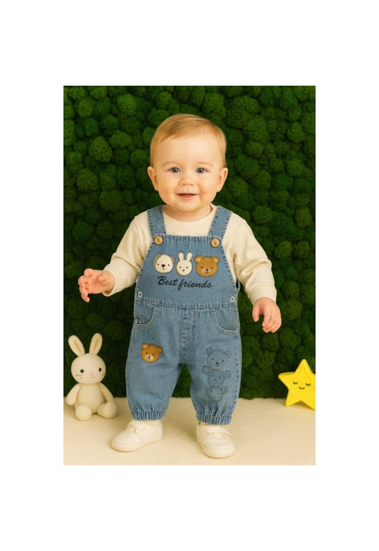Salopeta din denim pentru bebelusi Best Friends – Material moale - broderii simpatice - Bumbac - 12-18 luni - Multicolor