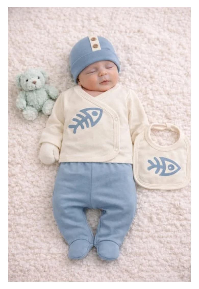 Set serde baby cu imprimeu pesti – 5 piese din bumbac - Albastru