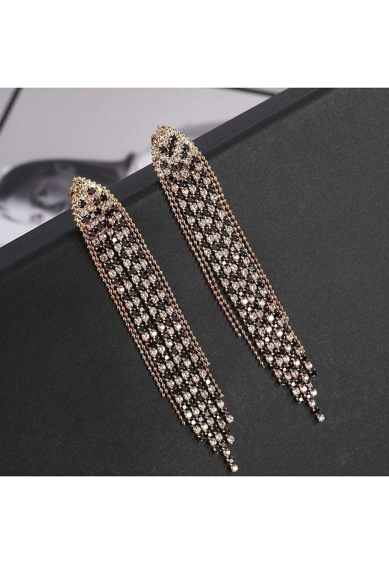 Cercei aurii - lungi - cu clips si pietre negre - Elai C2