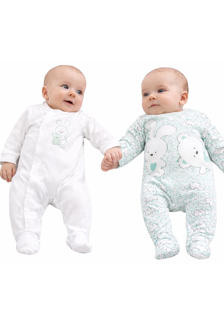 Set 2 salopete lungi bebe iDO din bumbac cu imprimeu Alb Verde