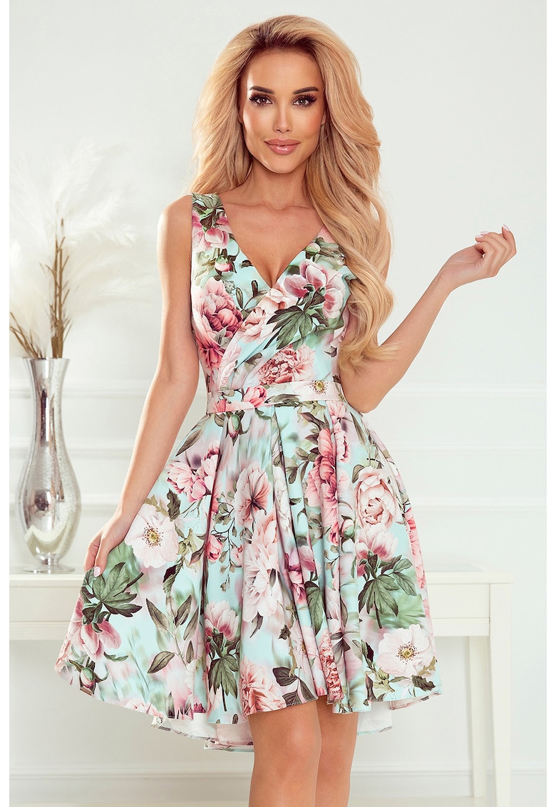 Rochie cu spate mai lung si curea - flori roz