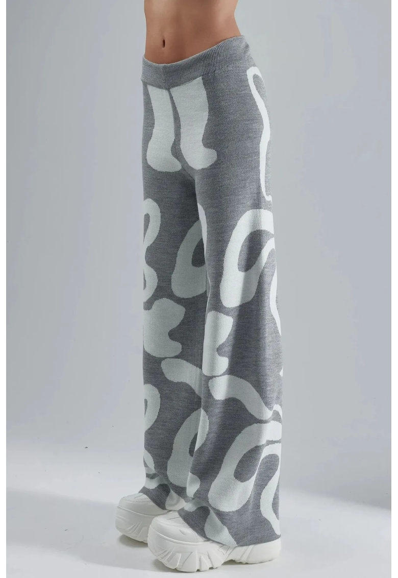 Pantaloni dama - tricotati - imprimeu abstract - gri - tricot