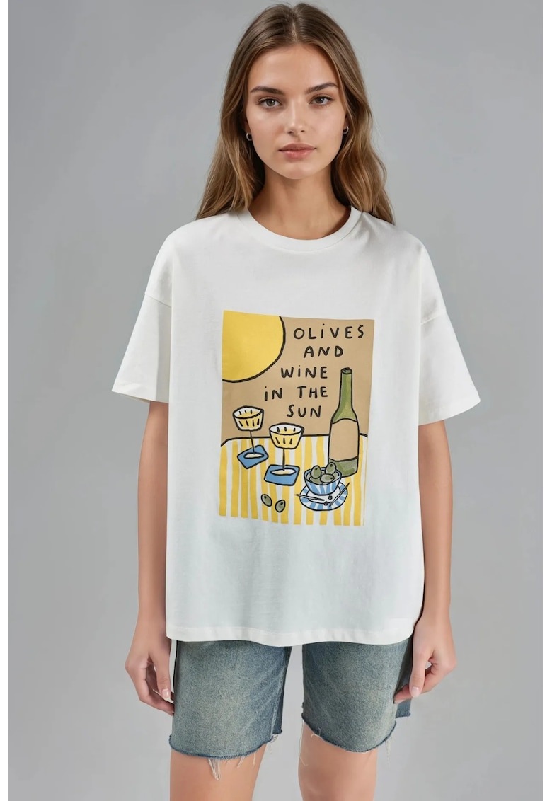 Tricou dama supradimensionat - imprimeu - alb - jerseu